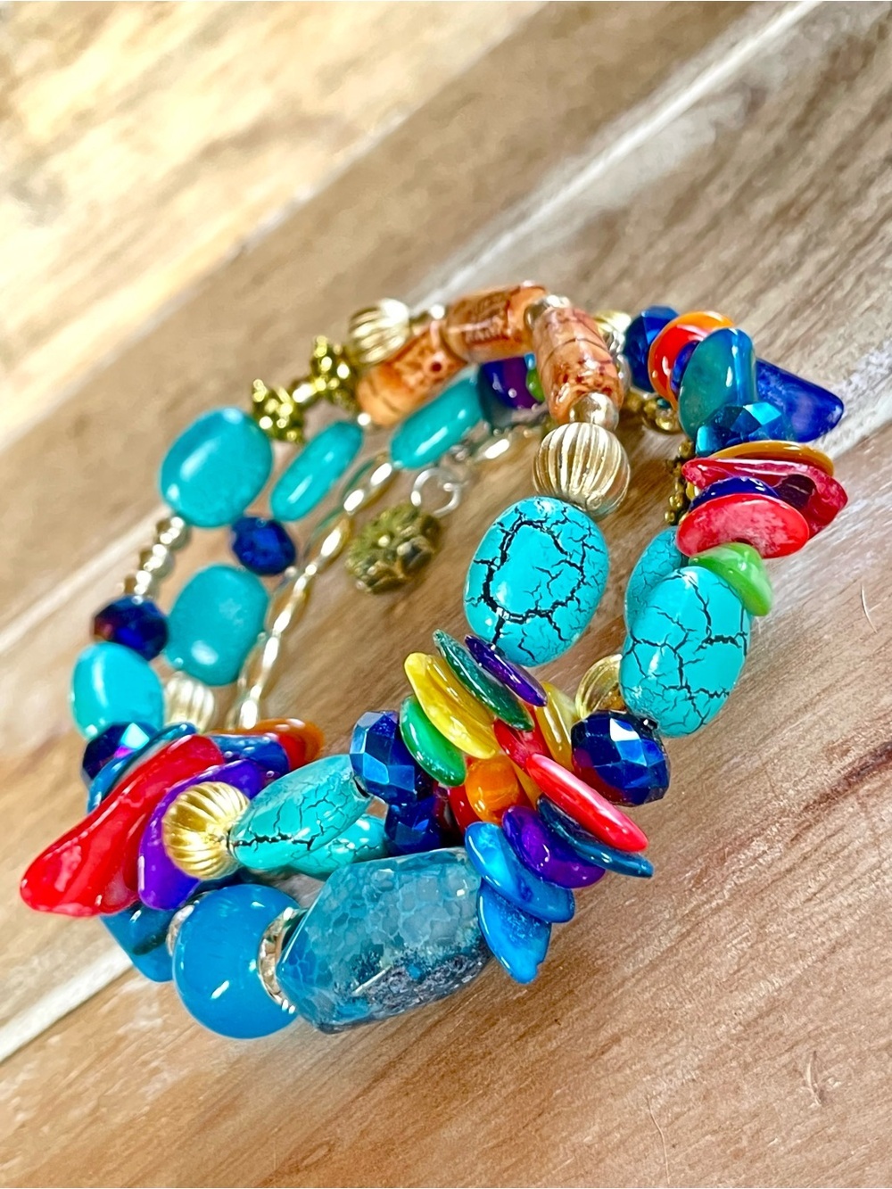 Handmade Multicolor Turquoise Beaded Stretch Bracelet - Vibrant Gemstone Mix